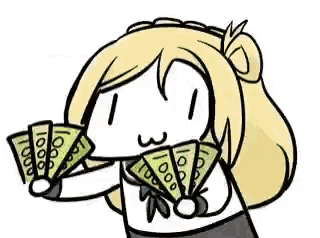 a cartoon of a girl holding a fan of money in front of her face .