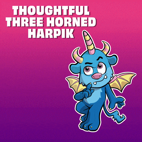 a thoughtful three horned harpik cartoon character on a purple background