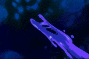 a purple dragon with sharp teeth and a white eye is swimming in the water .