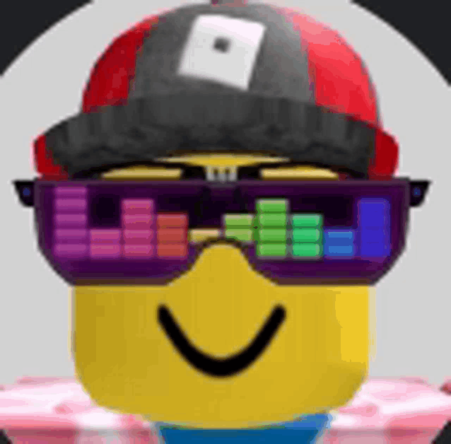 a yellow roblox character wearing a red hat and sunglasses .