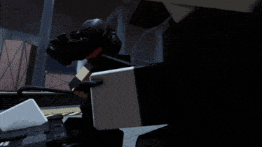 a cartoon character is holding a sword in a room