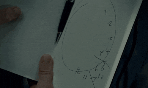 a person is drawing a circle on a piece of paper with numbers 1 through 12 on it