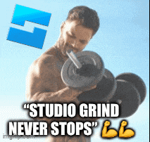 a man is lifting a dumbbell with the words " studio grind never stops "