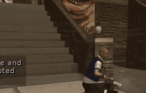a man in a blue vest is walking down a sidewalk in a video game .