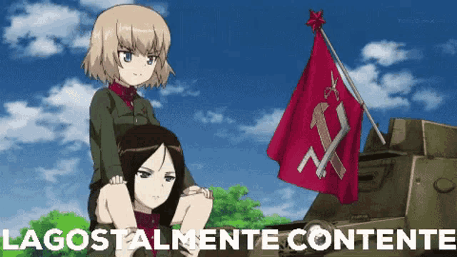 a picture of a girl sitting on another girl 's shoulders with the words " lagostamente contente " in the bottom right