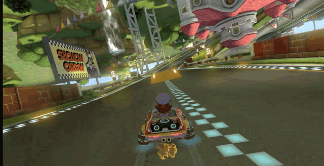 a video game scene with a sign for mario motors