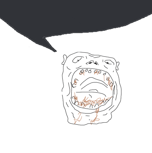 a drawing of a man with his mouth open and a speech bubble above it