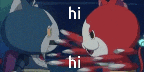 two cartoon characters are standing next to each other and the words hi hi hi are on the bottom