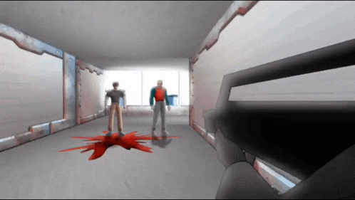 a video game scene with blood on the floor and a gun in the background