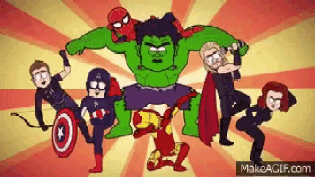 a group of cartoon superheros are standing next to each other on a red and yellow background .