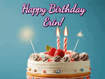 a birthday cake with three lit candles and the words happy birthday erin below it