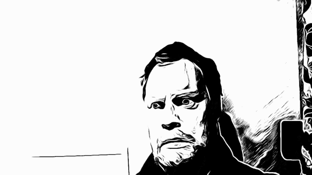 a black and white drawing of a bearded man