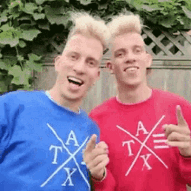 two men wearing blue and red sweaters are standing next to each other and giving a thumbs up .