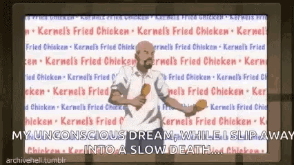 a man is holding a fried chicken in his hand in front of a background of fried chicken .