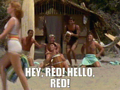 a group of people standing on a beach with the words hey red hello red written on the bottom