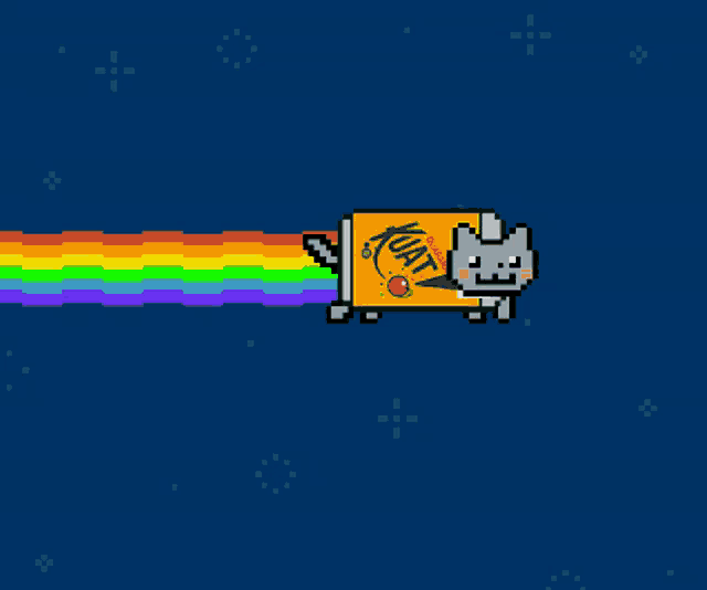 a pixel art drawing of a room with a cat flying out of a box that says kat