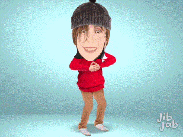 a cartoon of a woman wearing a hat and a red sweater with jib jab written below her