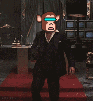 a man in a suit with a monkey face on his head