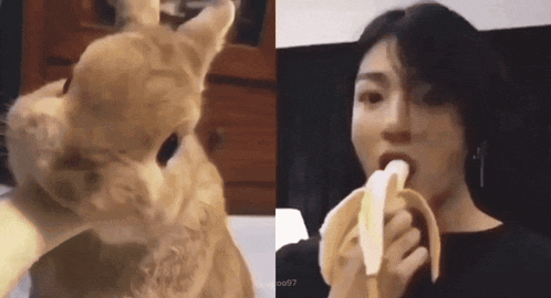 a woman is eating a banana next to a bunny