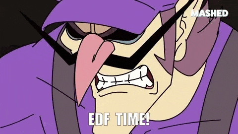 a cartoon character with a purple hat and glasses is making a funny face and says `` edf time '' .