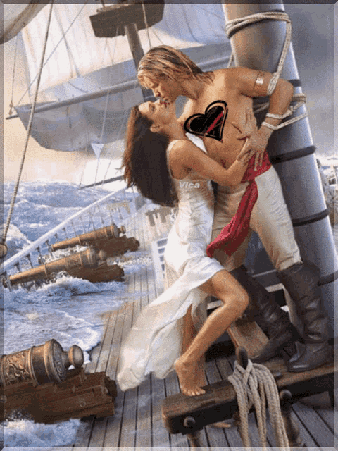 a painting of a man and a woman kissing on a boat with the word visa on the bottom right