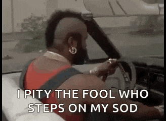 a man with a mohawk is driving a car and says `` i pity the fool who steps on my sod ''
