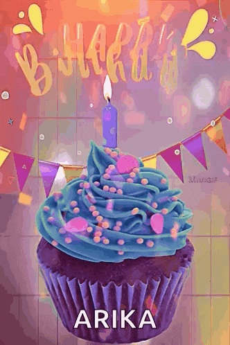 a birthday cupcake with blue frosting and a candle with the name aria on it