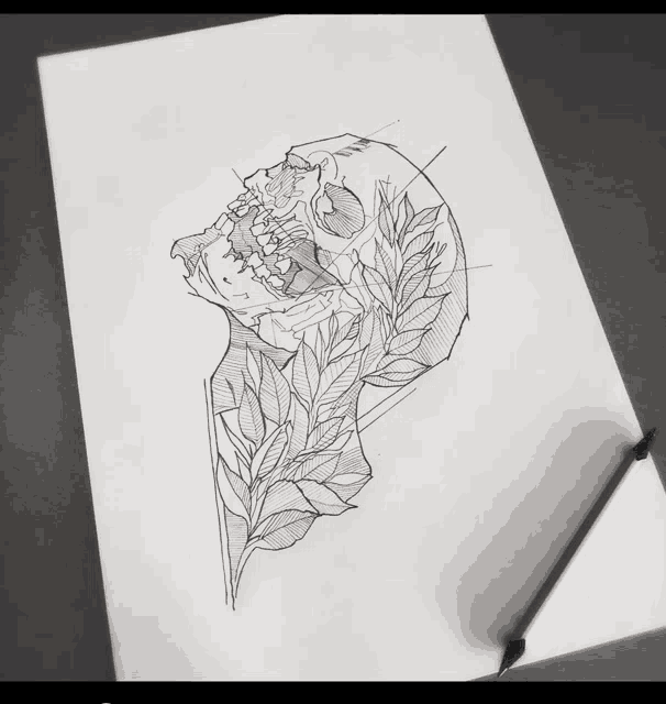 a drawing of a skull surrounded by leaves and a pencil