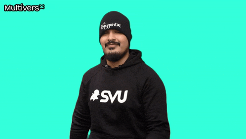 a man wearing a black hoodie that says #svu