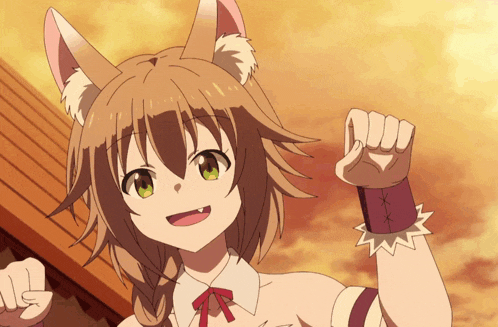 a girl with cat ears and green eyes holds her fist up in the air while smiling