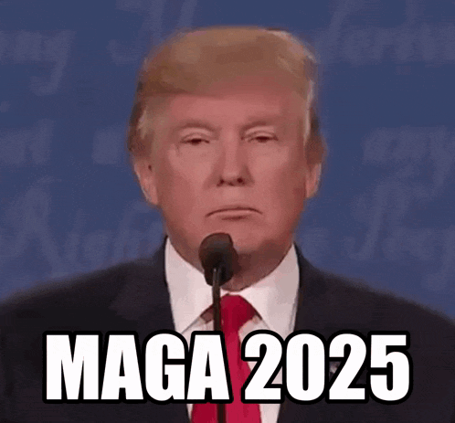 donald trump is talking into a microphone and says maga 2025