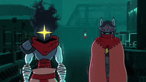 two cartoon characters are standing next to each other with one wearing a red cloak