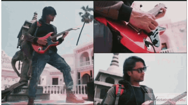 a man playing a guitar in front of a building with the word amanu on the bottom right