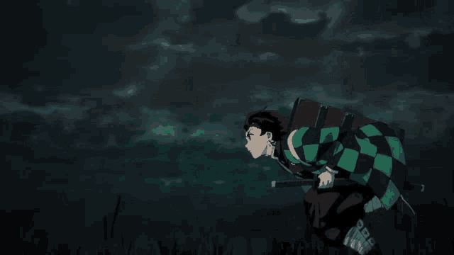 a cartoon character is running in the dark with a sword on his back