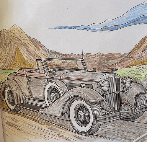 a drawing of an old car with white tires