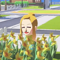 a cartoon of a woman standing in a garden of yellow flowers