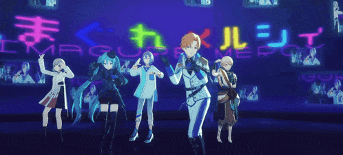 a group of anime characters are standing in front of a neon sign that says ' impact ' on it