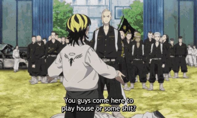 a group of anime characters are standing in a field and one of them says you guys come here to play house or some shit