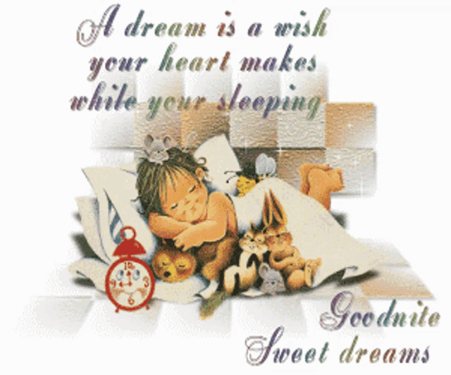 a baby is sleeping in a bed with stuffed animals and an alarm clock