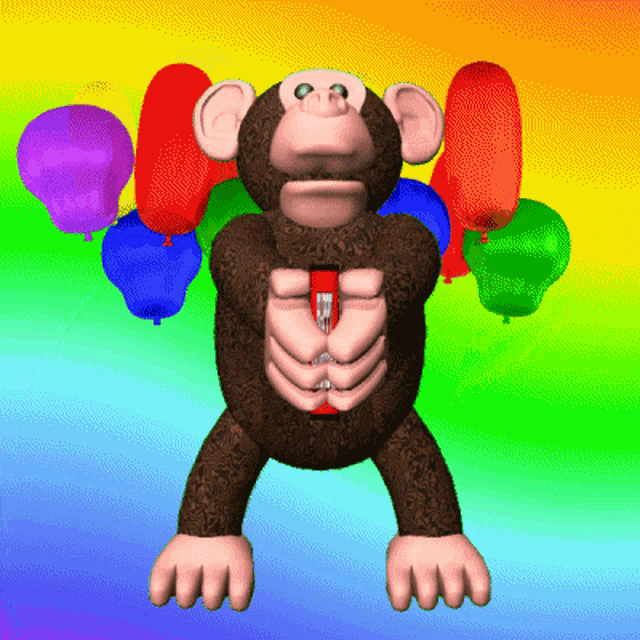 a cartoon monkey with balloons in the background holds a red object