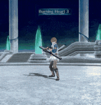 a video game character is holding a sword in front of a burning heart 3 sign