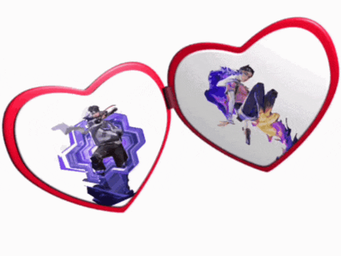 two heart shaped mirrors one of which has a picture of a man playing a violin