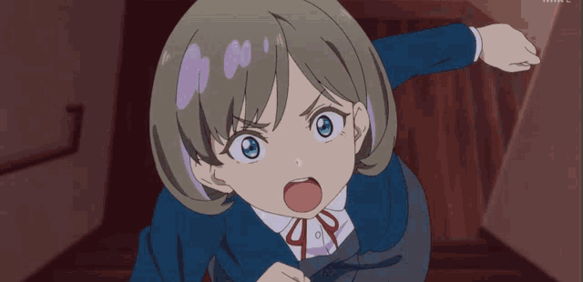 a girl with blue eyes and purple hair is wearing a blue jacket and red bow tie