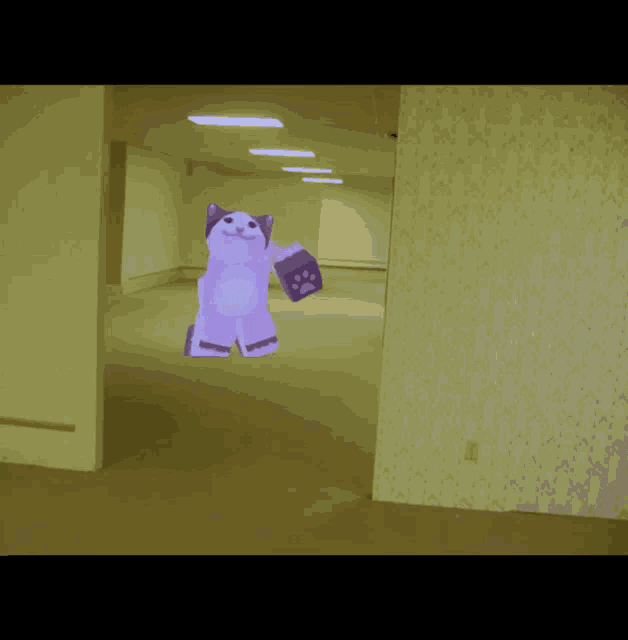 a purple cat is floating in the air in an empty hallway