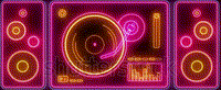 a neon sign of a record player , speakers and a turntable .