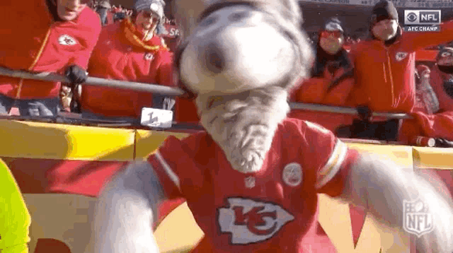 a mascot for the kansas city chiefs is dancing in a stadium .