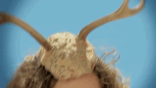 a close up of a person 's head with antlers on it against a blue sky