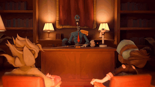 a cartoon character sitting at a desk holding a piece of paper that says ' a ' on it