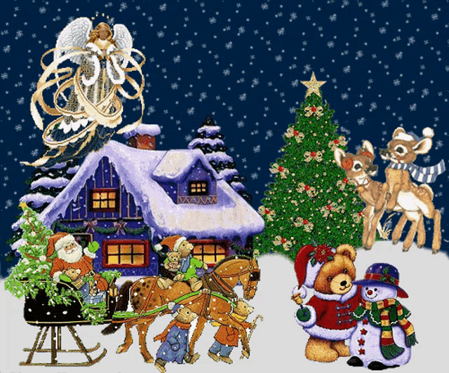 a christmas scene with santa claus in a sleigh being pulled by two horses