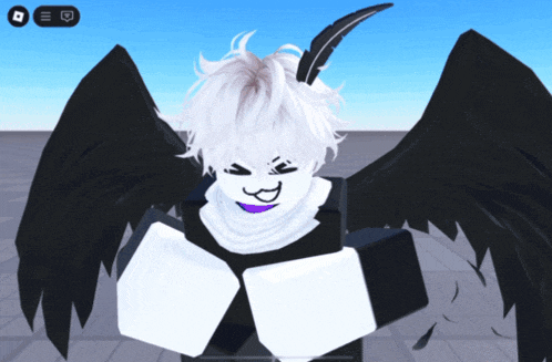 a cartoon character with white hair and black wings has a purple scarf around his neck